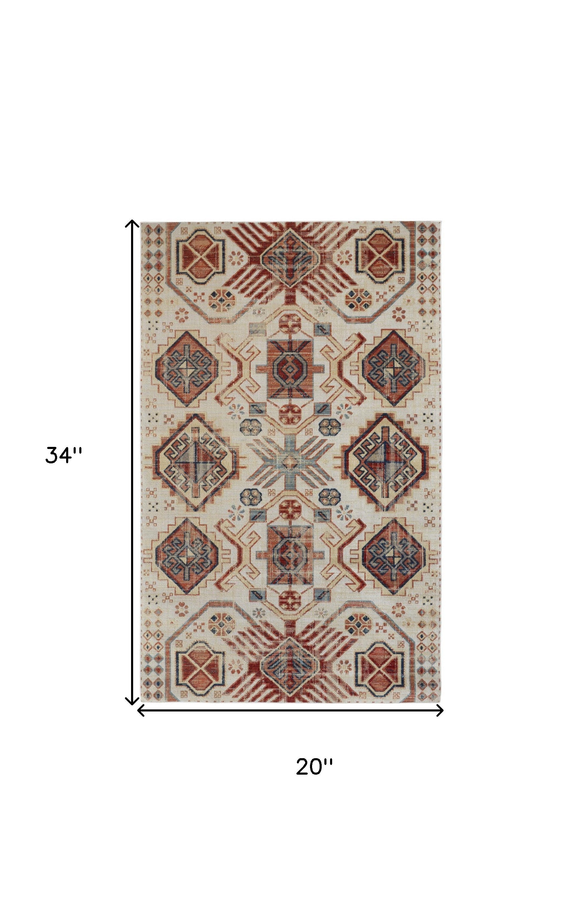 2' X 3' Ivory Red And Tan Abstract Power Loom Distressed Stain Resistant Area Rug