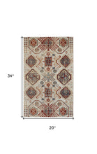 2' X 3' Ivory Red And Tan Abstract Power Loom Distressed Stain Resistant Area Rug