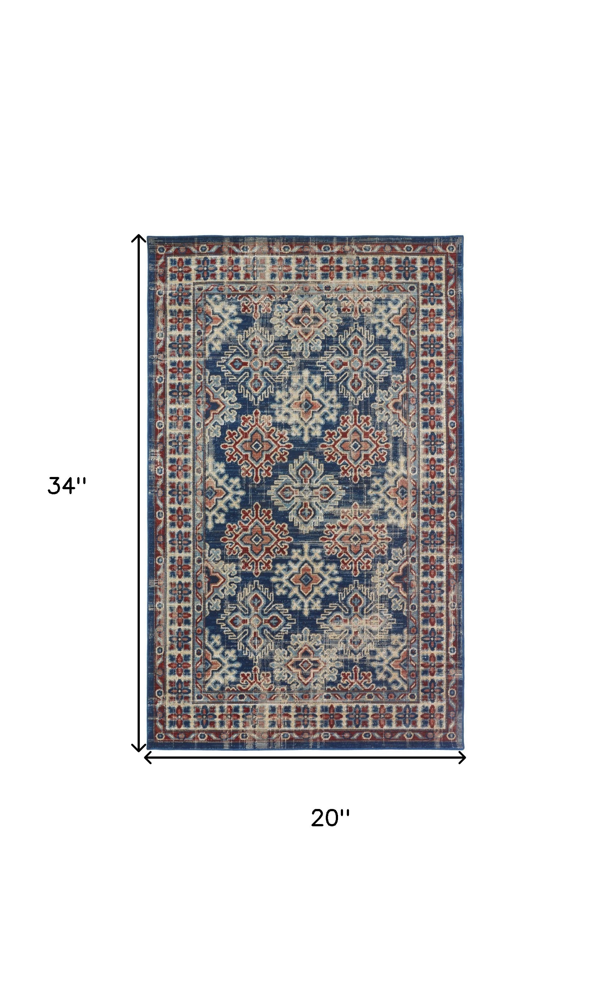 2' X 3' Blue Red And Ivory Abstract Power Loom Distressed Stain Resistant Area Rug
