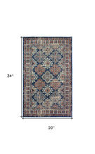2' X 3' Blue Red And Ivory Abstract Power Loom Distressed Stain Resistant Area Rug