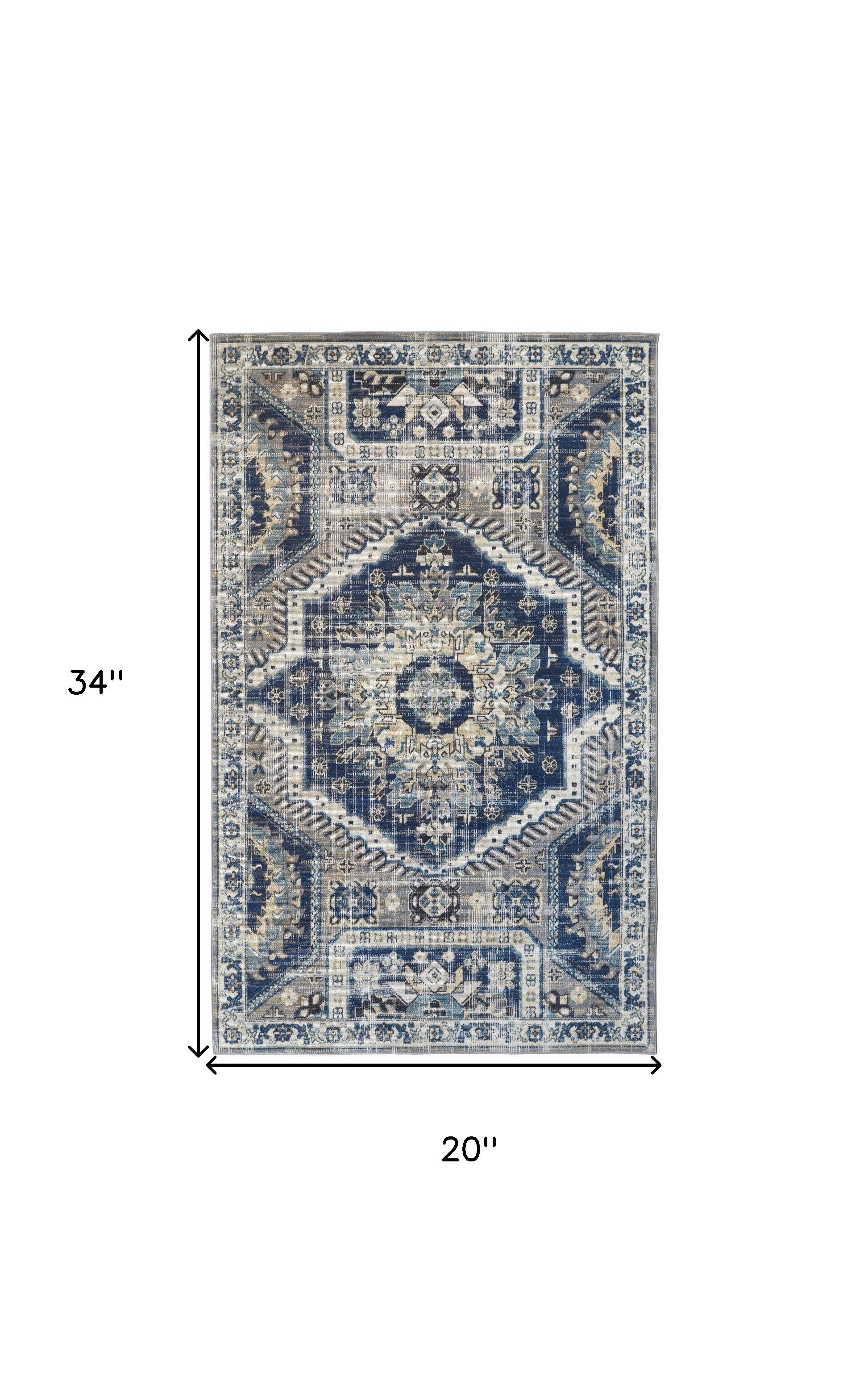 2' X 3' Blue And Ivory Abstract Power Loom Distressed Stain Resistant Area Rug