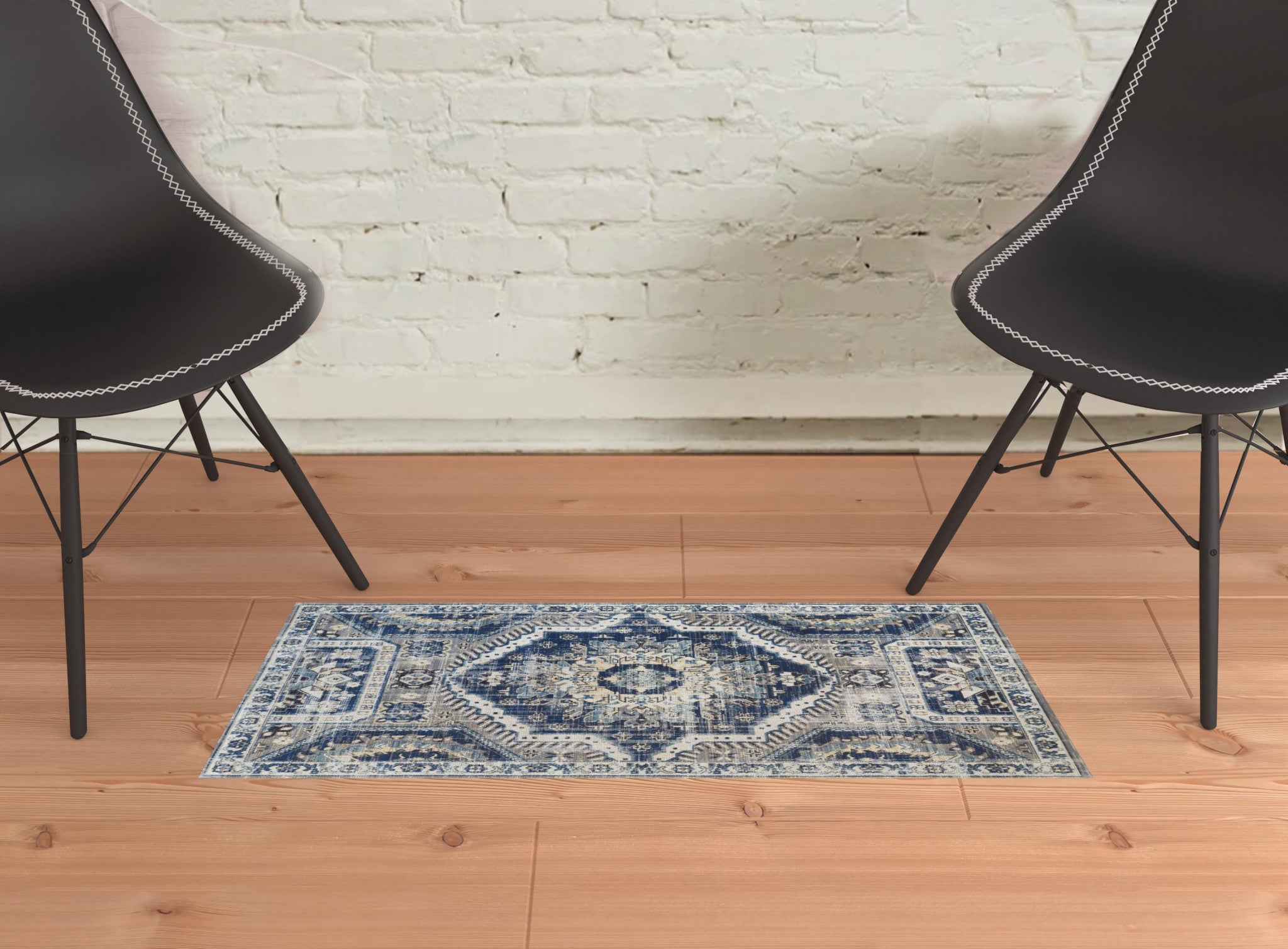 2' X 3' Blue And Ivory Abstract Power Loom Distressed Stain Resistant Area Rug
