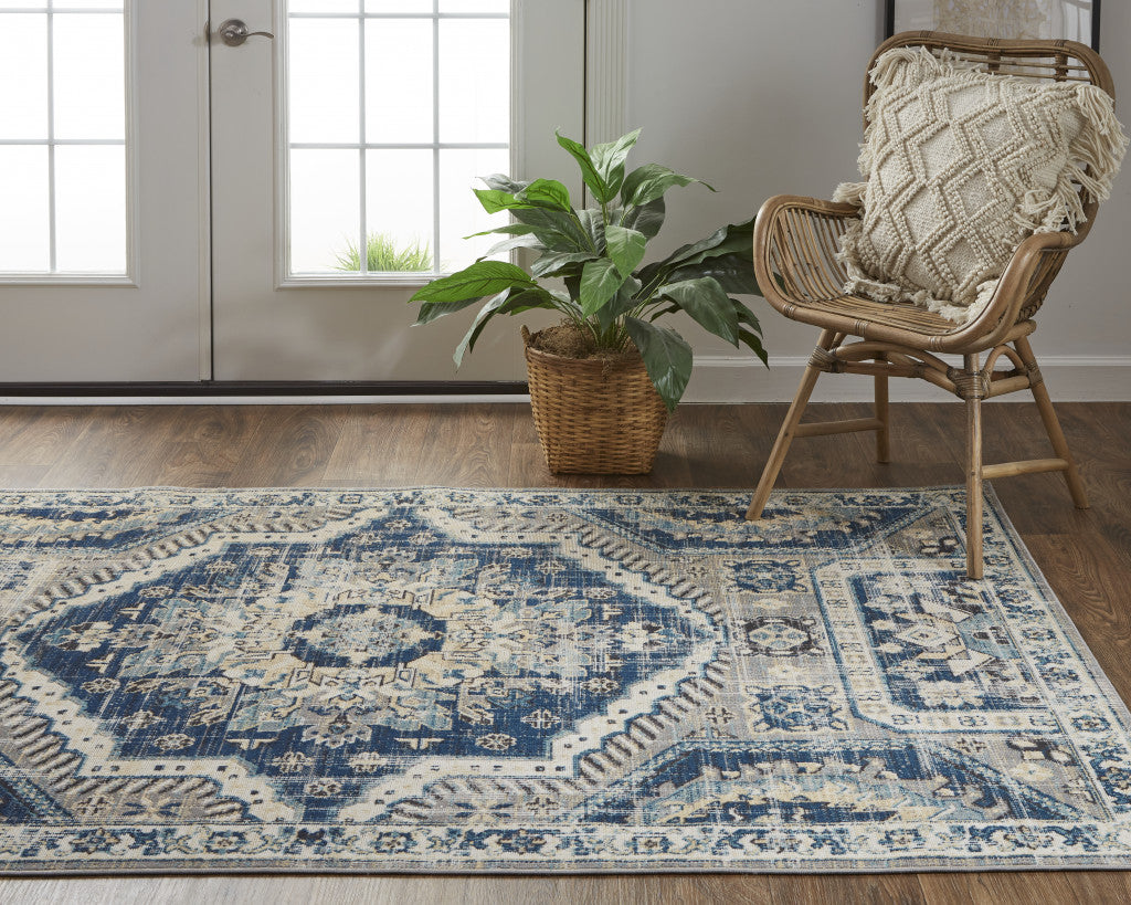 2' X 3' Blue And Ivory Abstract Power Loom Distressed Stain Resistant Area Rug