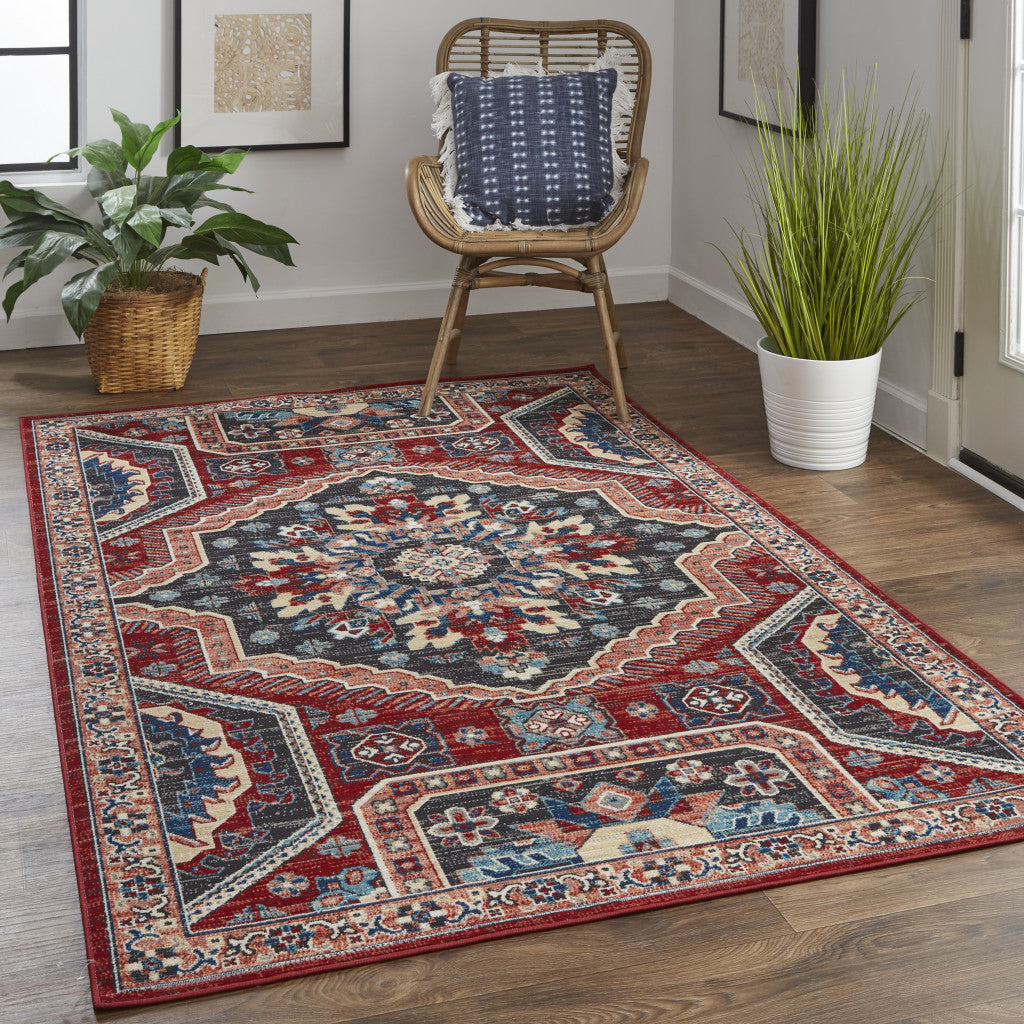 Red Gray And Tan Abstract Power Loom Distressed Stain Resistant Area Rug - 2' x 3'