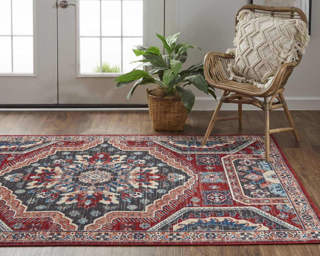 Red Gray And Tan Abstract Power Loom Distressed Stain Resistant Area Rug - 2' x 3'