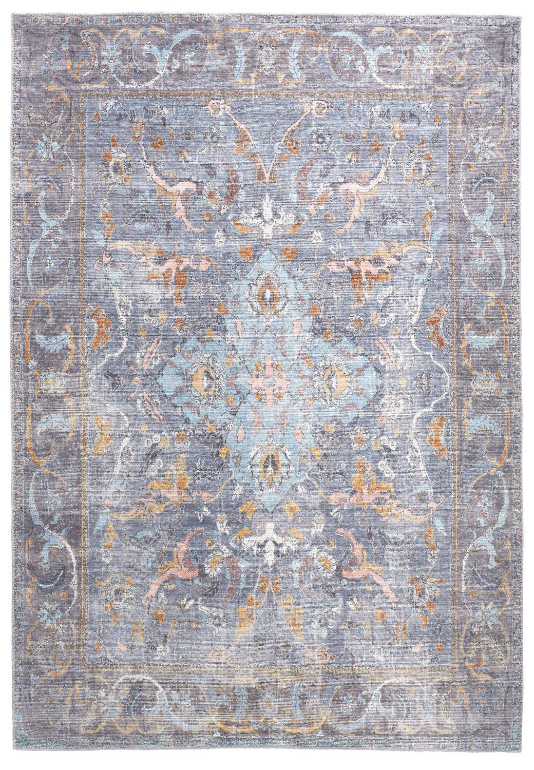 Blue Gray And Orange Floral Area Rug - 2' x 3'