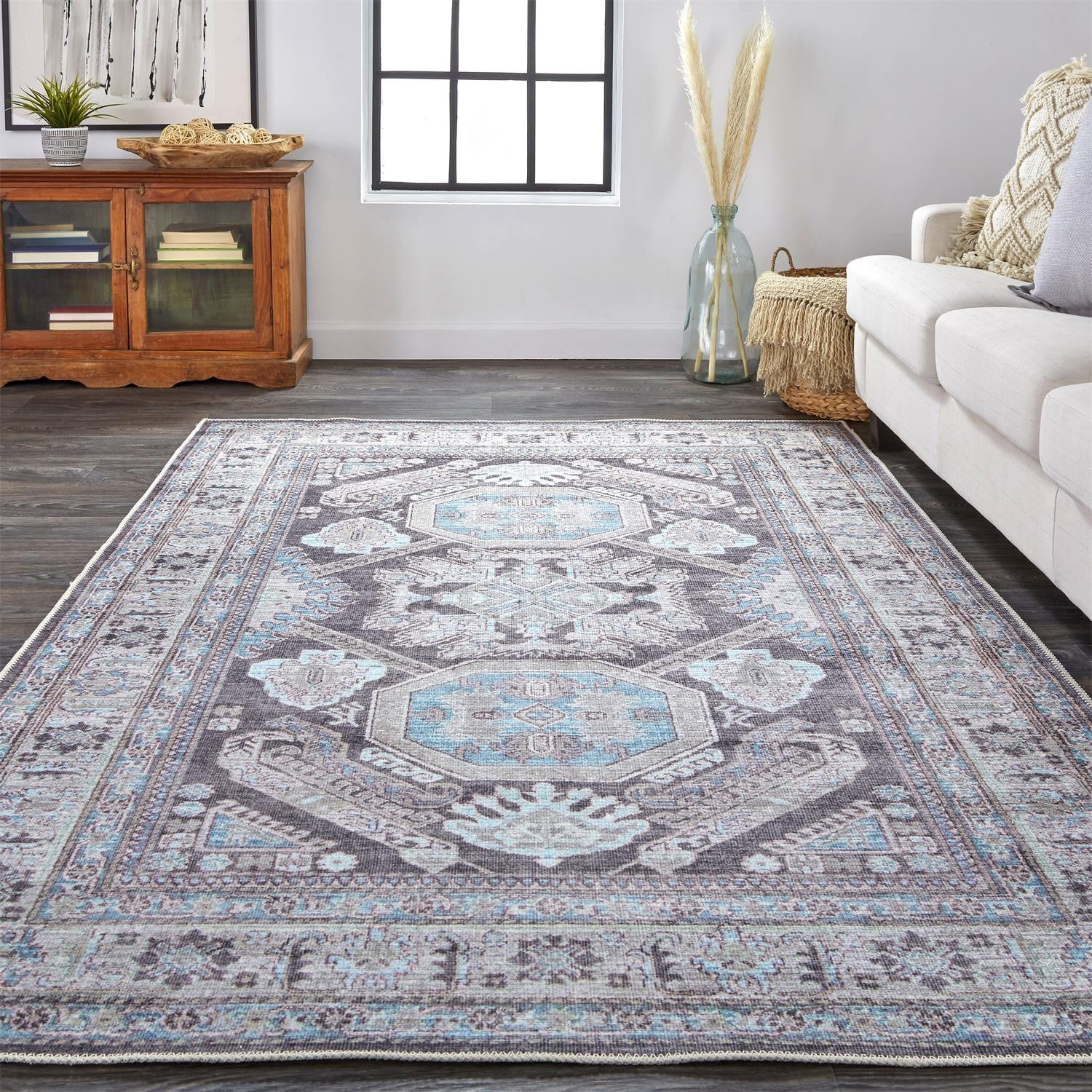 Gray Taupe And Blue Floral Area Rug - 2' x 3'