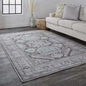 Gray Taupe And Blue Floral Area Rug - 2' x 3'