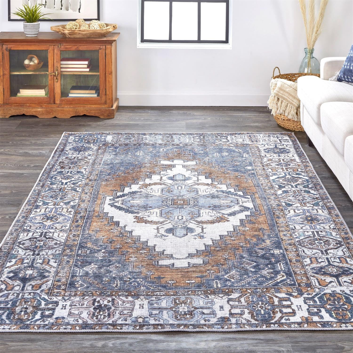 Blue Ivory And Brown Floral Area Rug - 2' x 3'