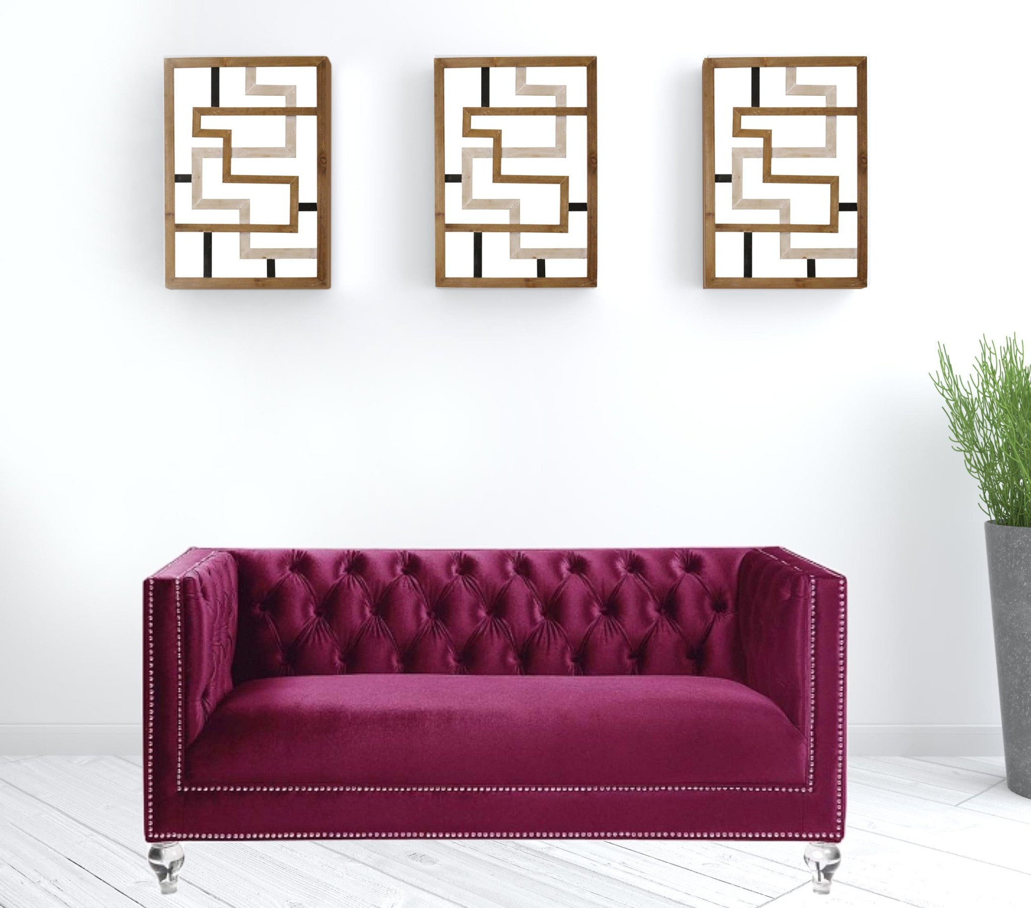 Burgundy Tufted Velvet Bling and Acrylic Love Seat 67"