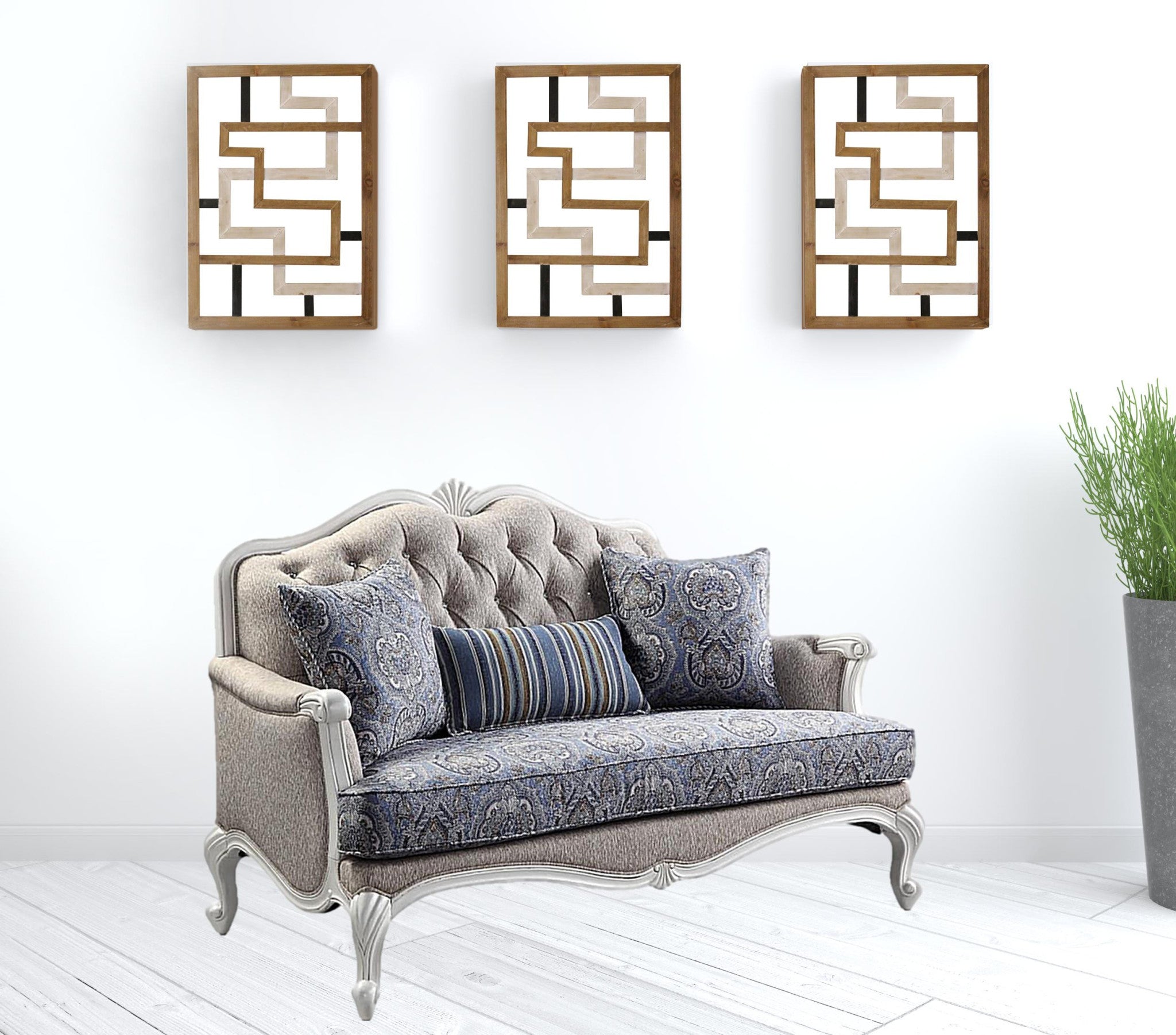 Beige 100% Linen And White Standard Love Seat 64"