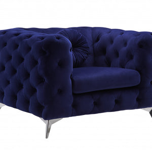 41" Blue Fabric And Black Tufted Arm Chair