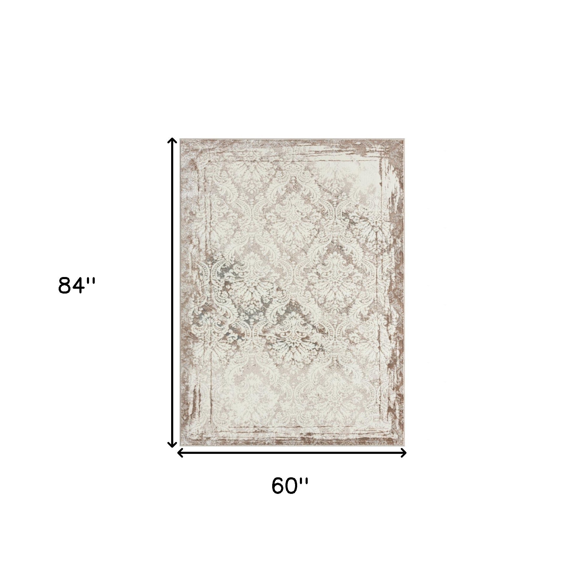 5' X 7' Cream Damask Stain Resistant Area Rug