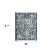 5' X 7' Blue Floral Stain Resistant Area Rug