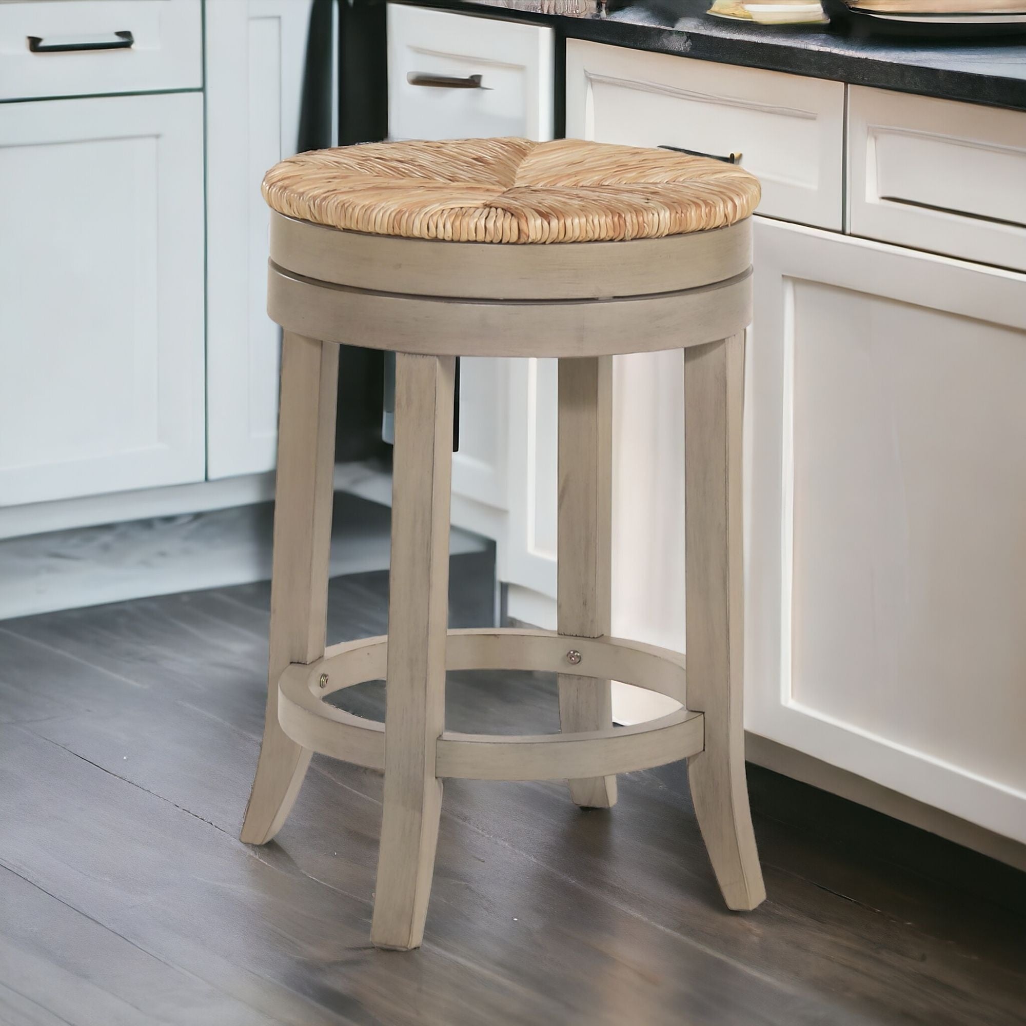 24" Natural And Gray Swivel Backless Counter Height Bar Chair With Footrest