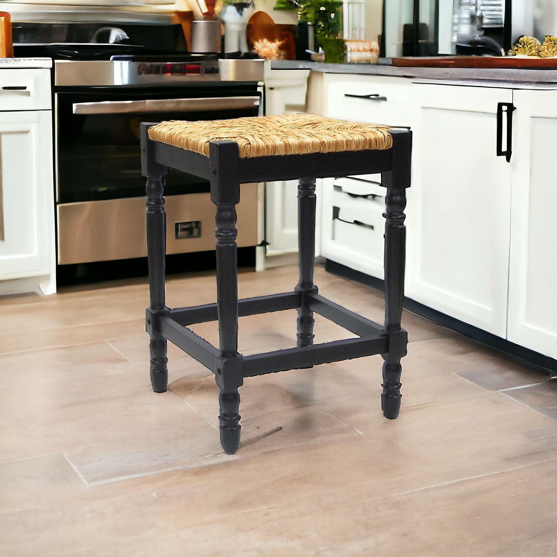 24" Natural And Black Backless Counter Height Bar Chair With Footrest