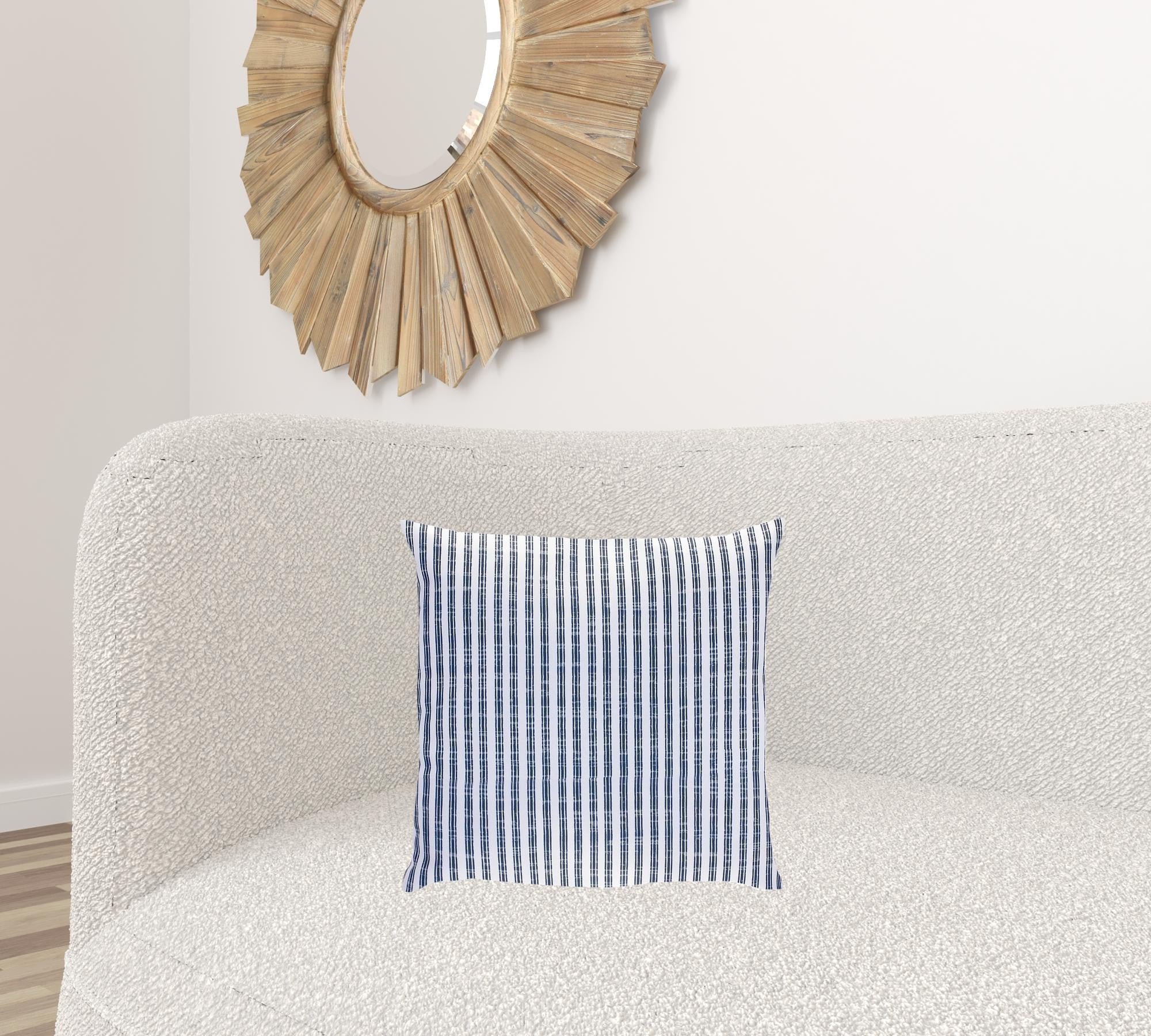 17" Blue and White Striped Zippered Polyester Blend Throw Pillow