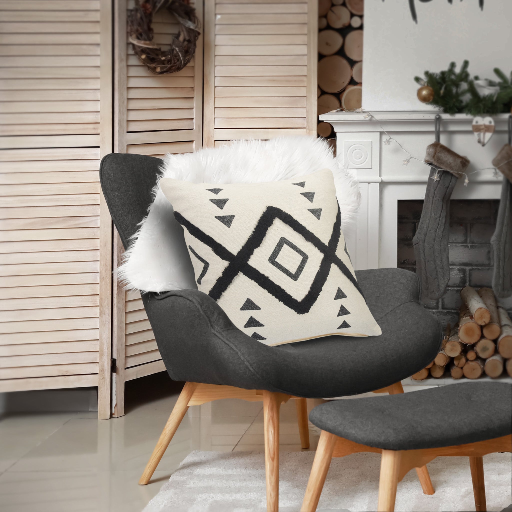 兩件套 20 英寸 X 20 英寸奶油色黑色和灰色幾何拉鍊 100% 純棉抱枕