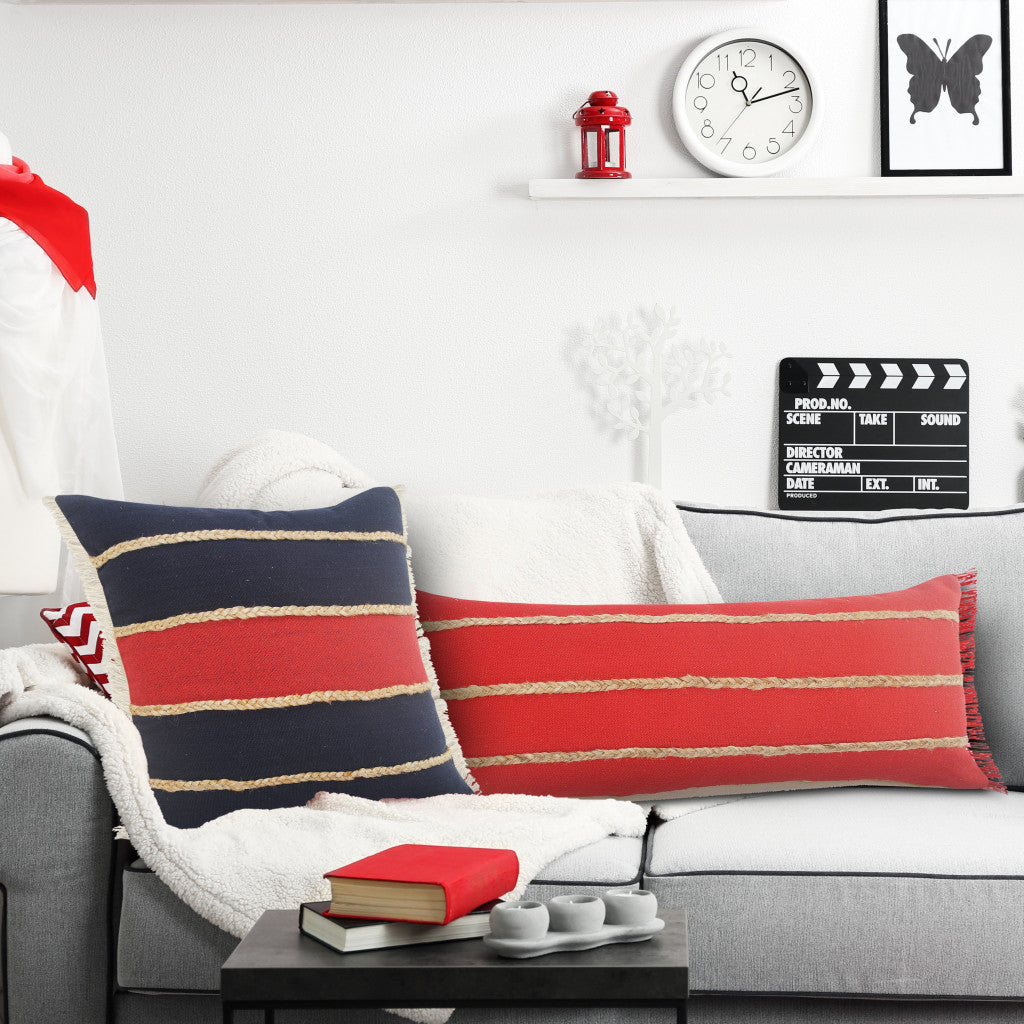 Set Of Two 24" X 24" Red Striped Zippered 100% Cotton Throw Pillow