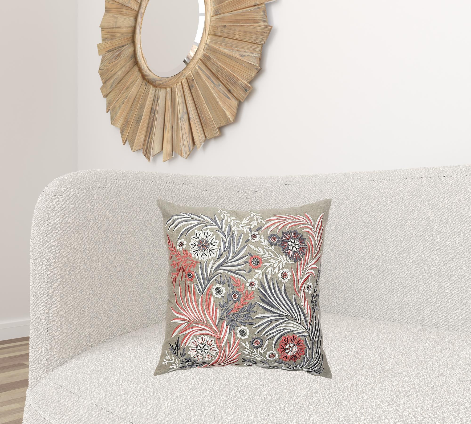 Set Of Two 20" X 20" Gray Floral Zippered 100% Cotton Throw Pillow