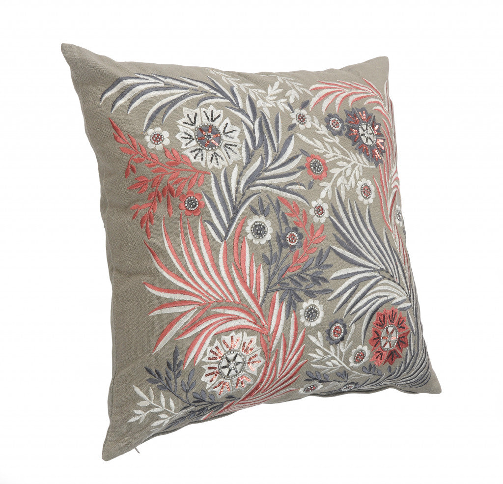 Set Of Two 20" X 20" Gray Floral Zippered 100% Cotton Throw Pillow