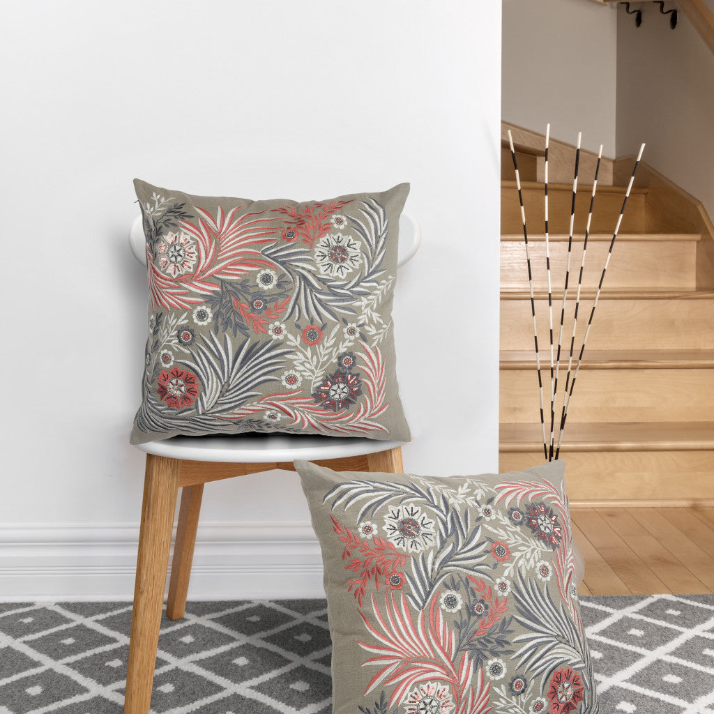 Set Of Two 20" X 20" Gray Floral Zippered 100% Cotton Throw Pillow