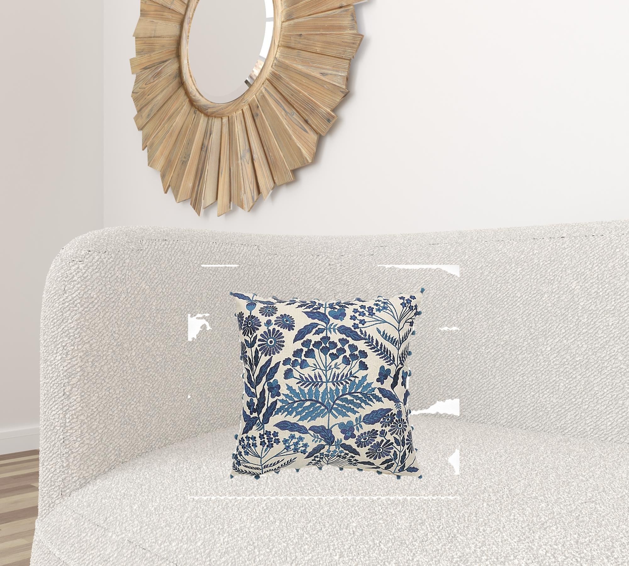 20" X 20" Navy And Off-White 100% Cotton Floral Zippered Pillow