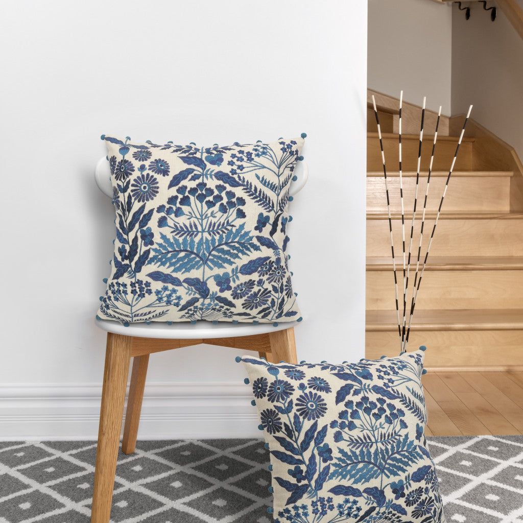 20" X 20" Navy And Off-White 100% Cotton Floral Zippered Pillow