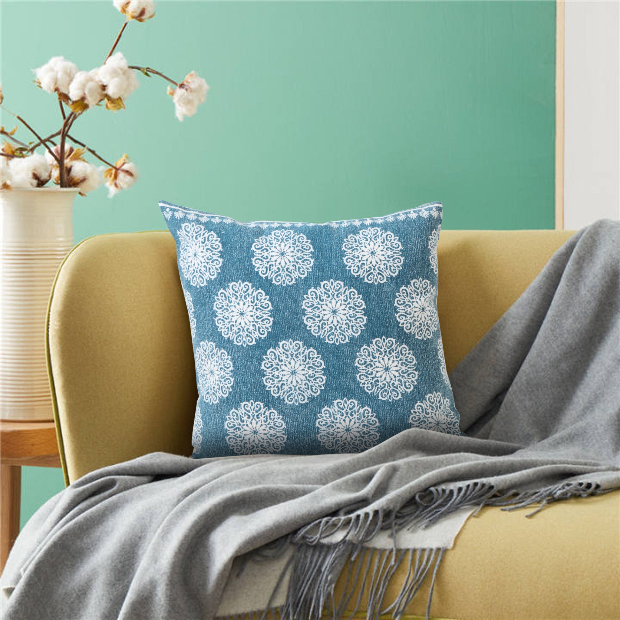 Set Of Two 20" X 20" Blue Floral Zippered 100% Cotton Throw Pillow