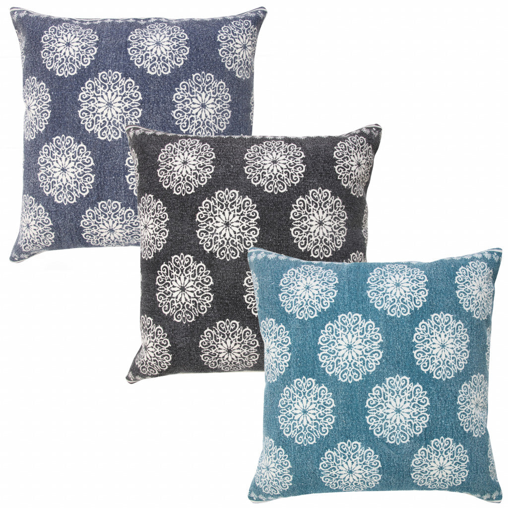 Set Of Two 20" X 20" Blue Floral Zippered 100% Cotton Throw Pillow