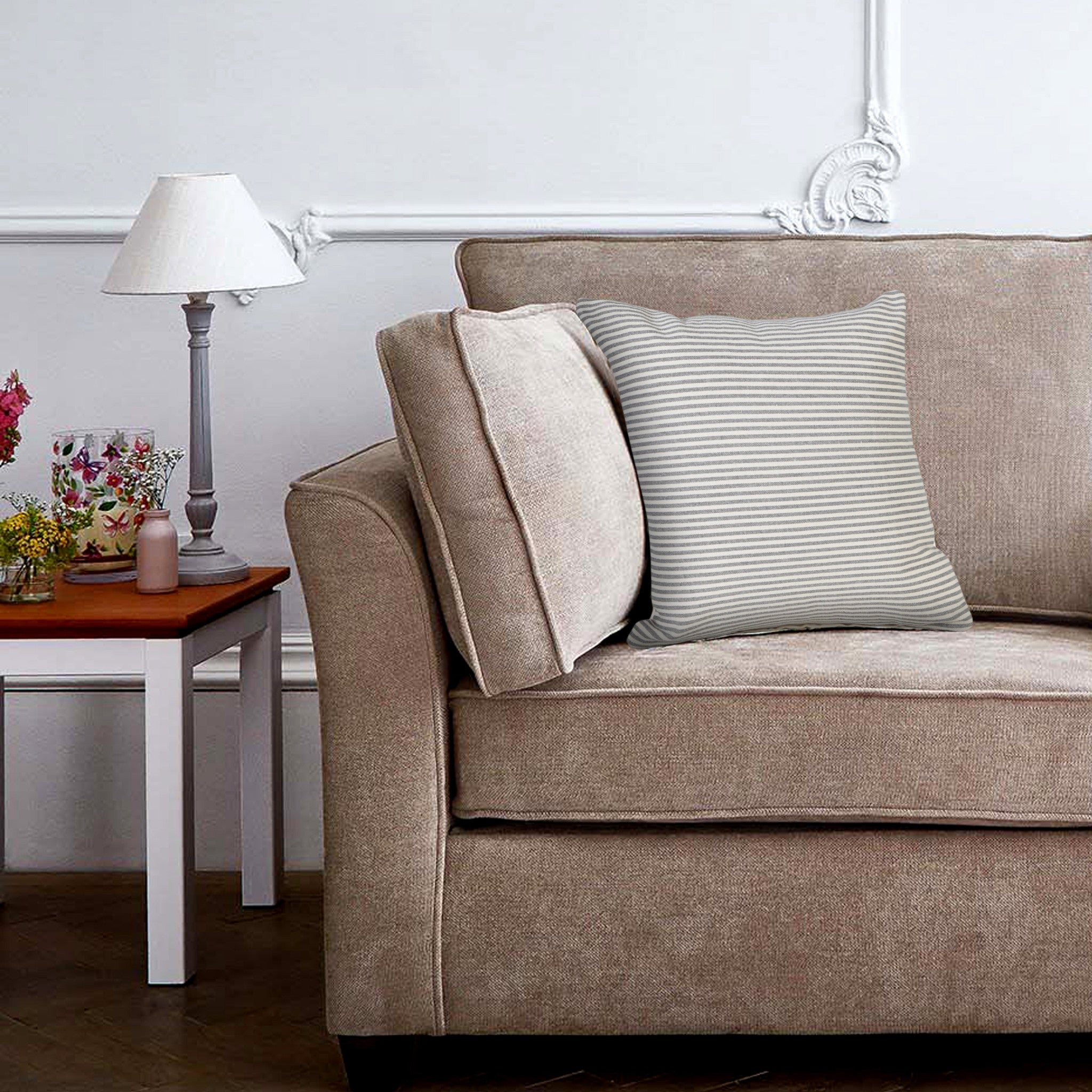 Set Of Two 20" X 20" Beige Striped Zippered 100% Cotton Throw Pillow