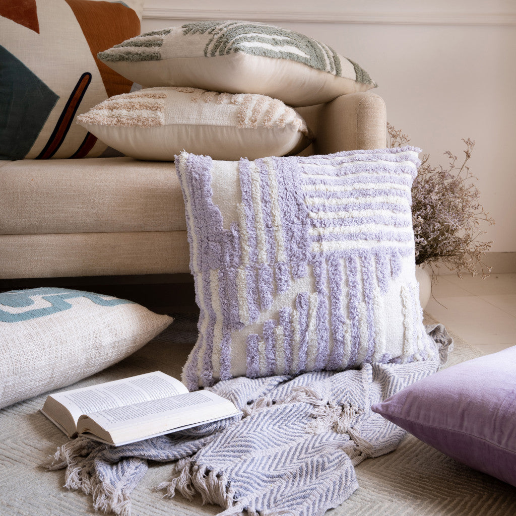 Set Of Two 22" X 22" Purple Striped Zippered 100% Cotton Throw Pillow