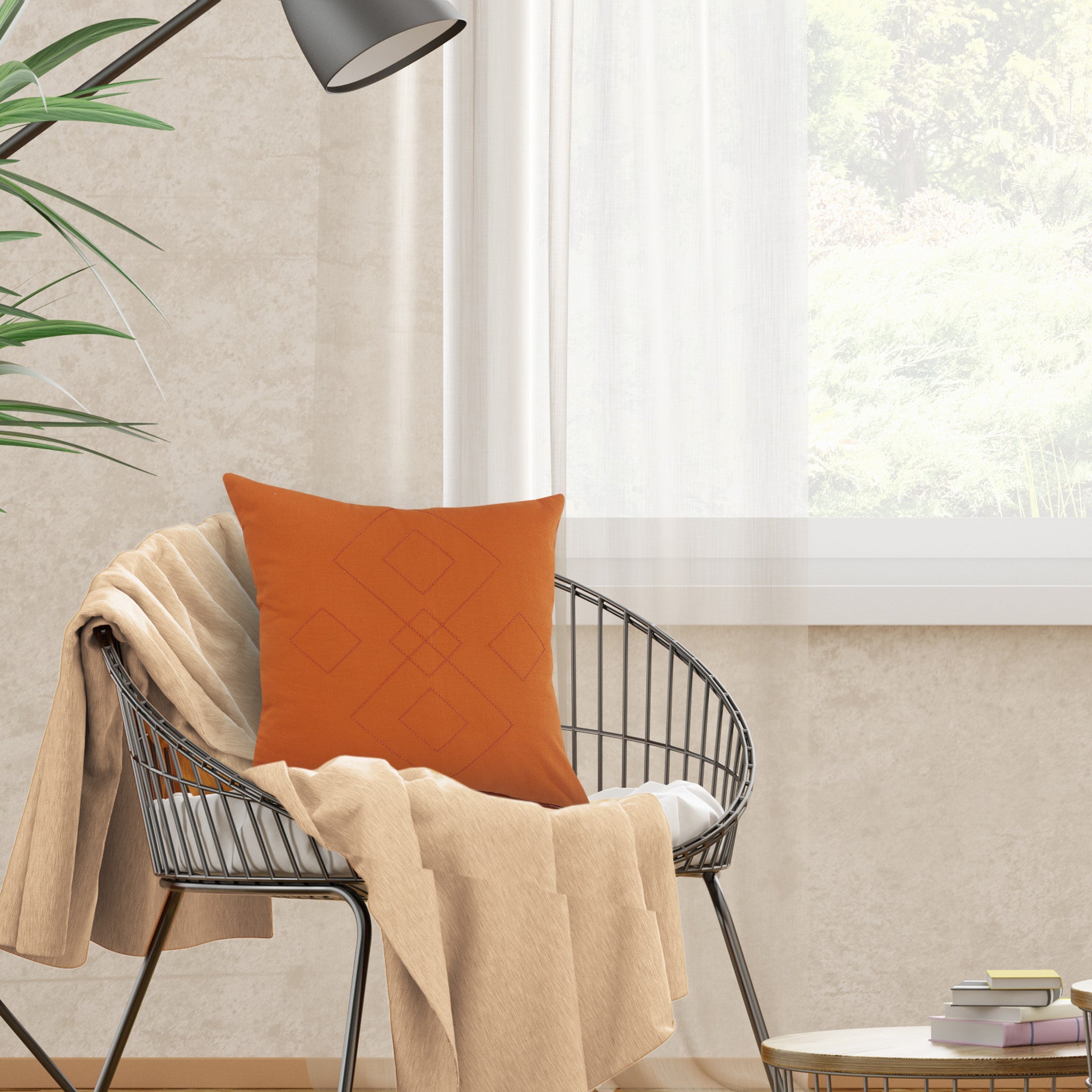 Set Of Two 20" X 20" Orange Diamond Zippered 100% Cotton Throw Pillow