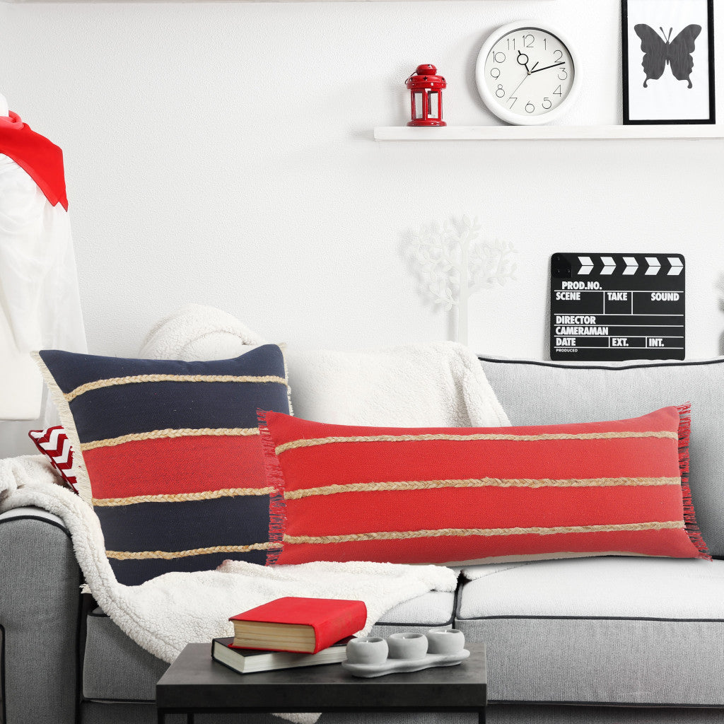 Set Of Two 14" X 36" Blue Solid Color Zippered 100% Cotton Throw Pillow