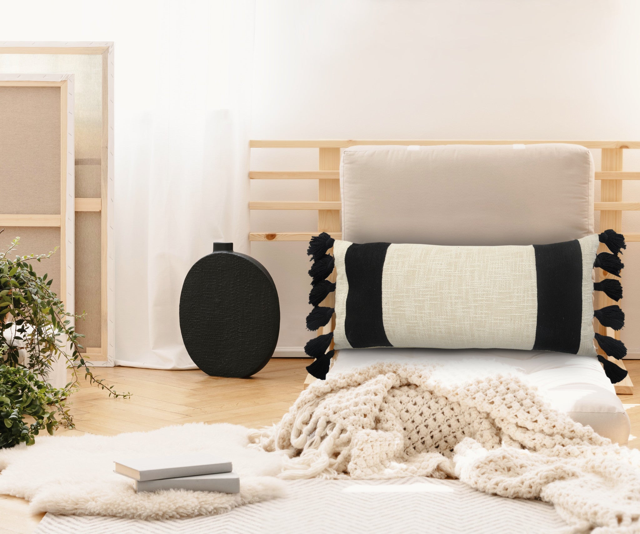 Set Of Two 20" X 20" Black Striped Zippered 100% Cotton Throw Pillow