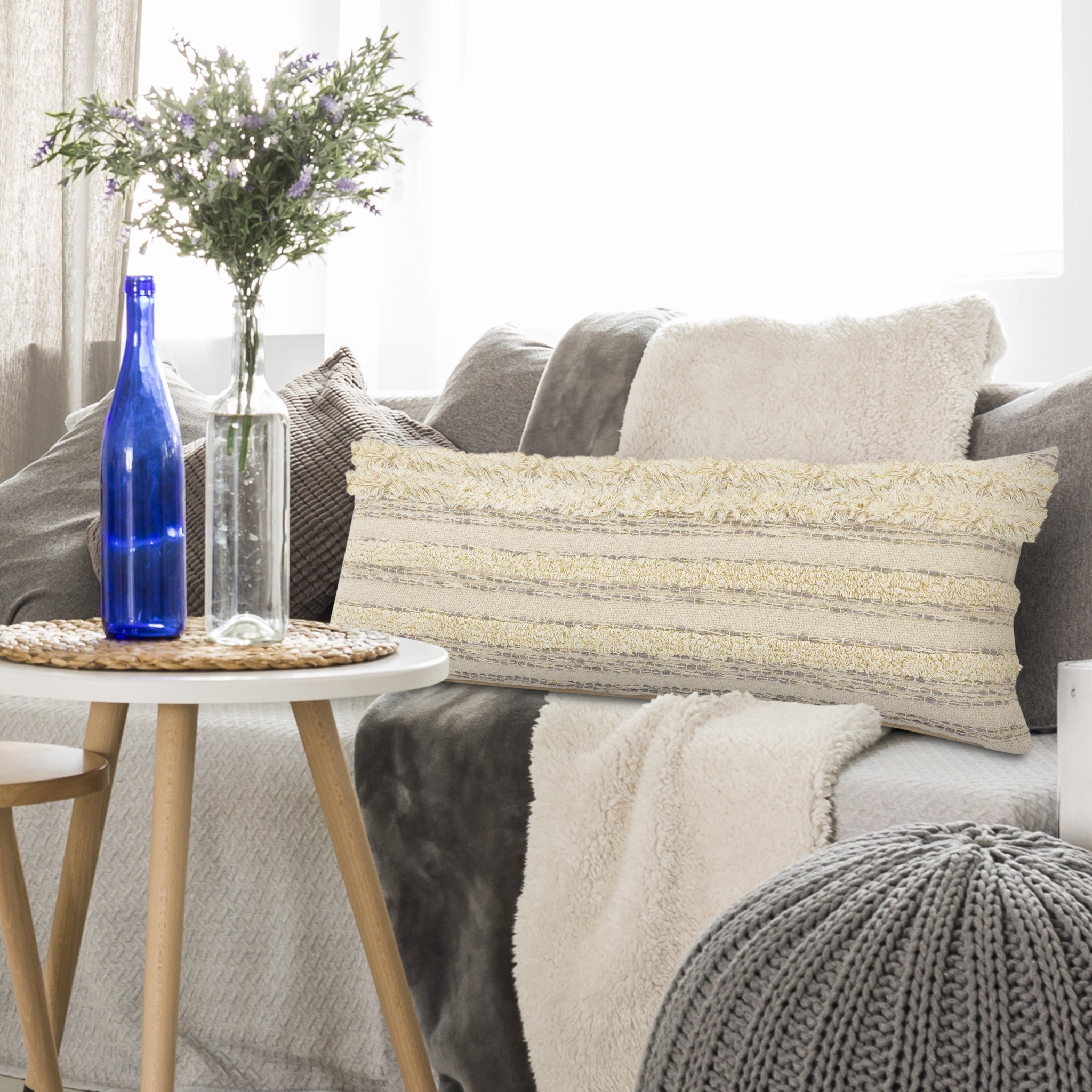 Set Of Two 20" X 20" Cream Striped Zippered 100% Cotton Throw Pillow