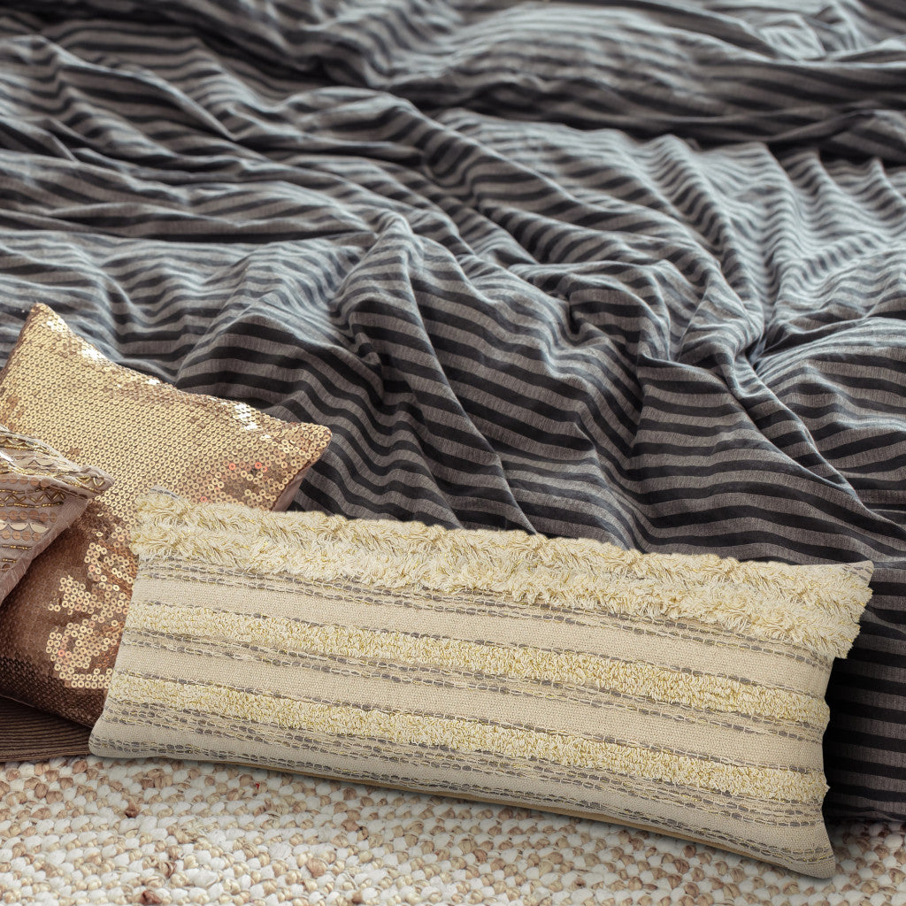 Set Of Two 20" X 20" Cream Striped Zippered 100% Cotton Throw Pillow