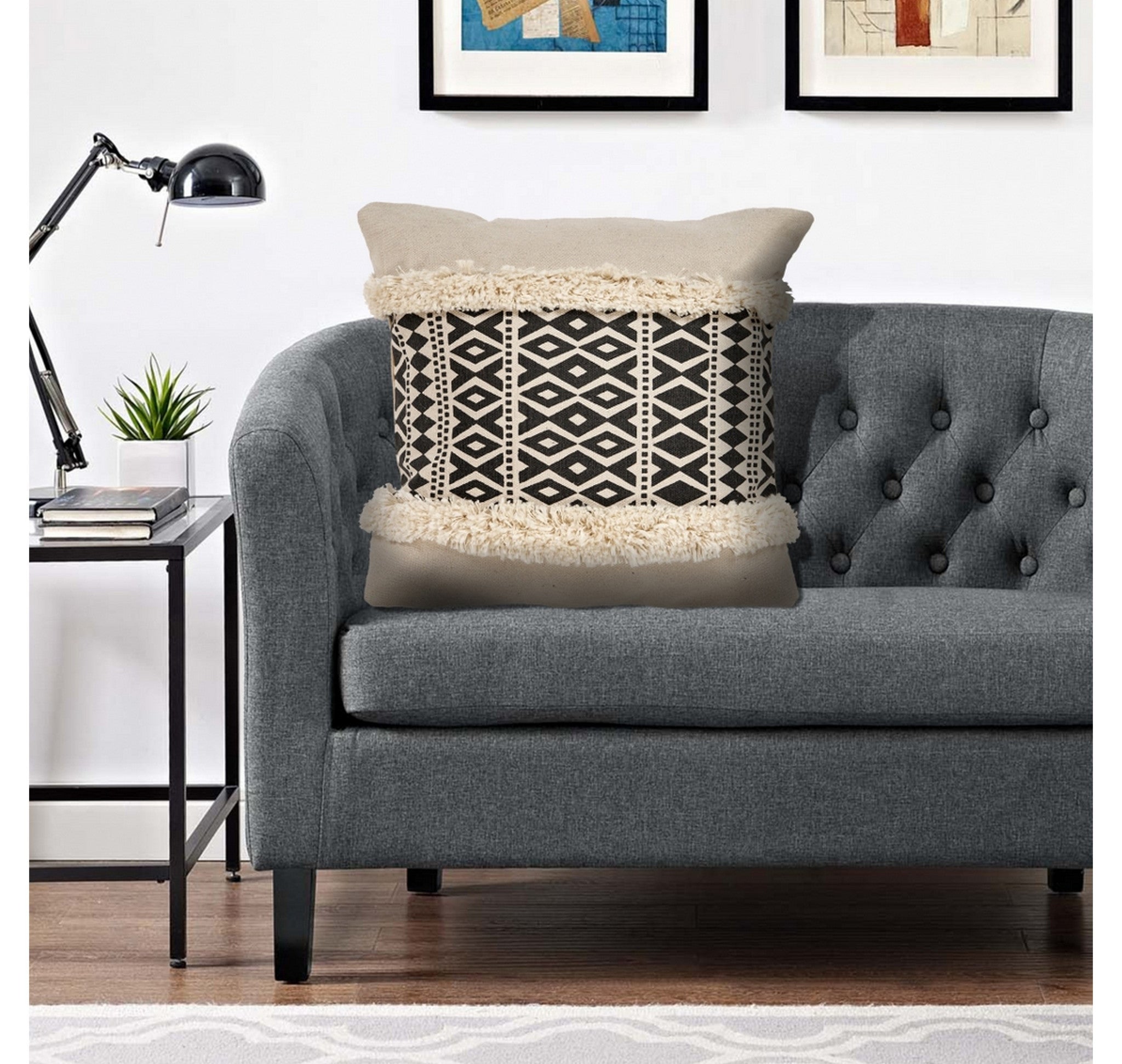 Set Of Two 18" X 18" Black Geometric Zippered 100% Cotton Throw Pillow