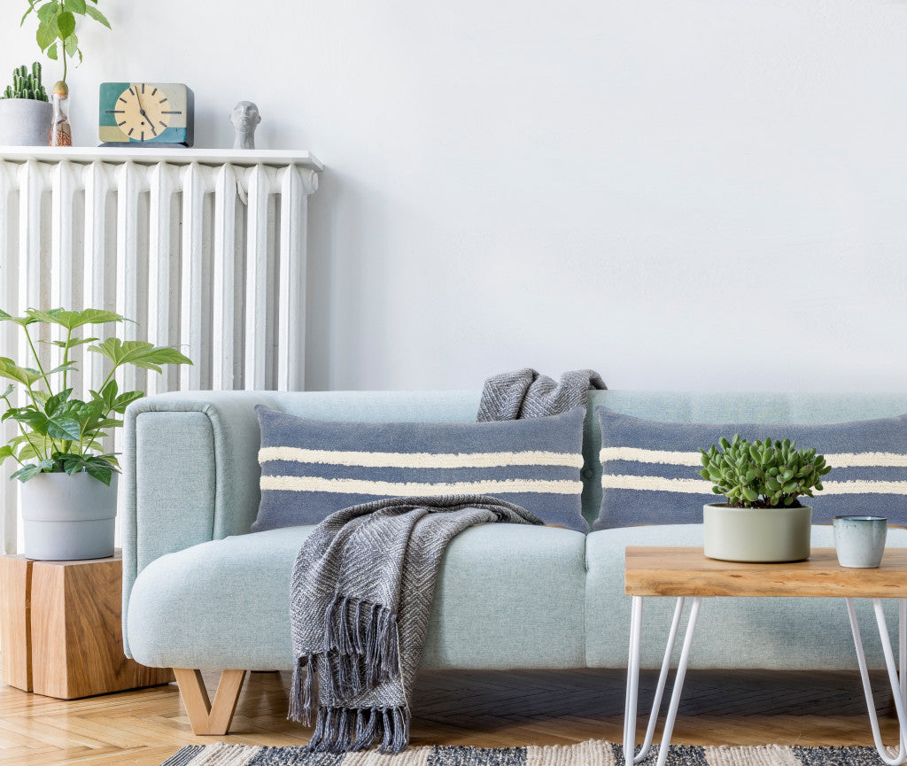 Blue Striped Zippered 100% Cotton Throw Pillow Set Of Two 20" X 20"