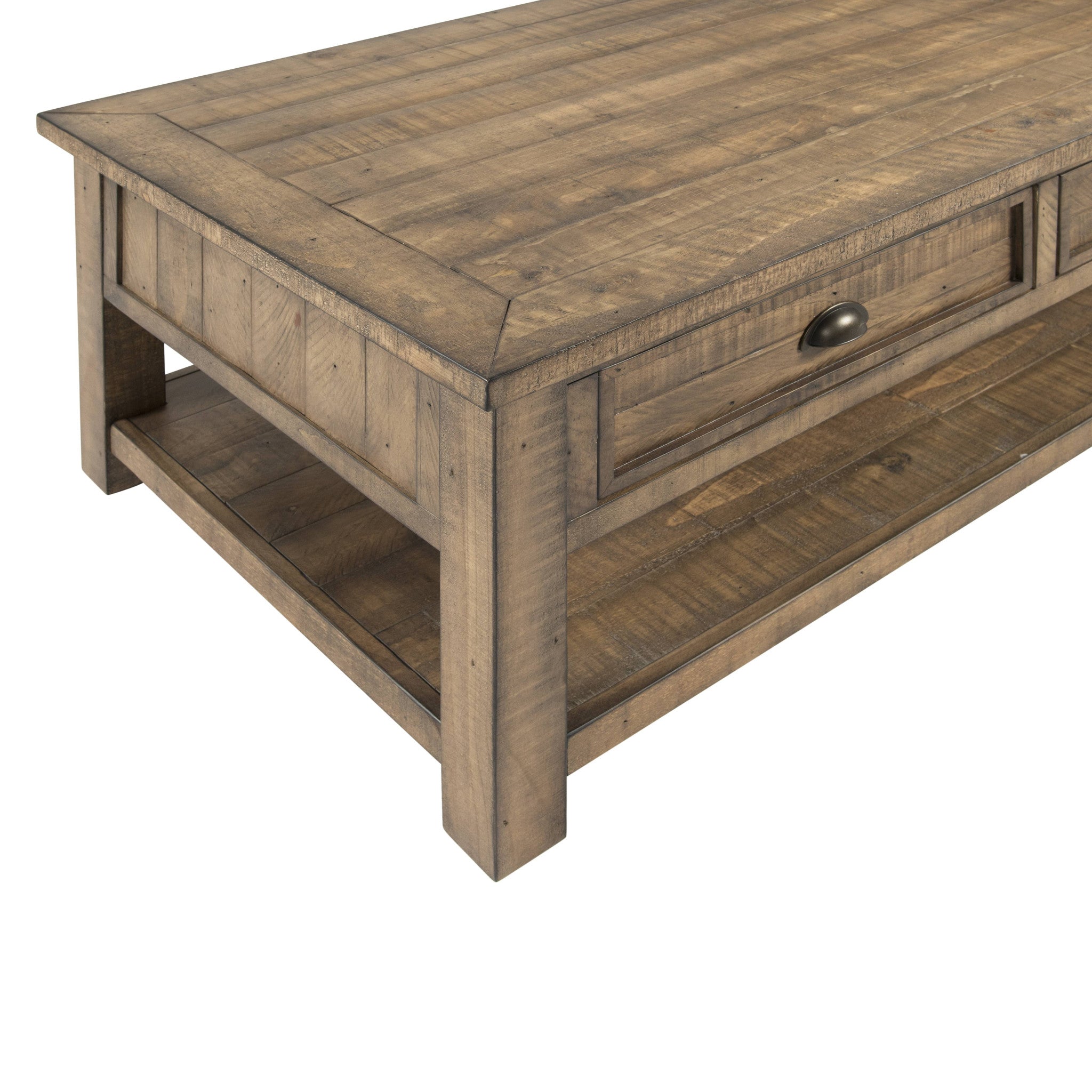 50" Natural Solid Wood Rectangular Distressed Coffee Table With Two Drawers And Shelf