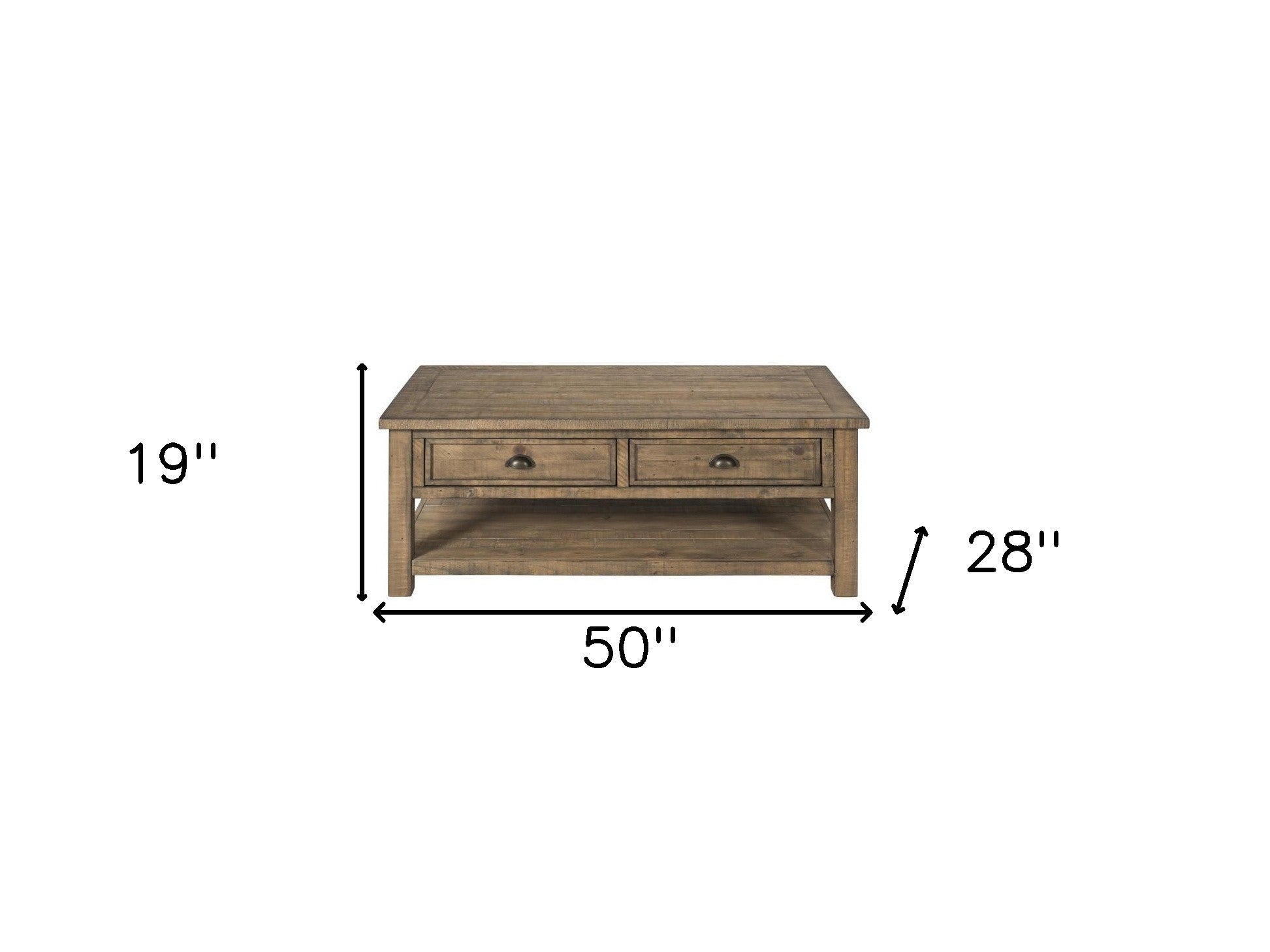 50" Natural Solid Wood Rectangular Distressed Coffee Table With Two Drawers And Shelf