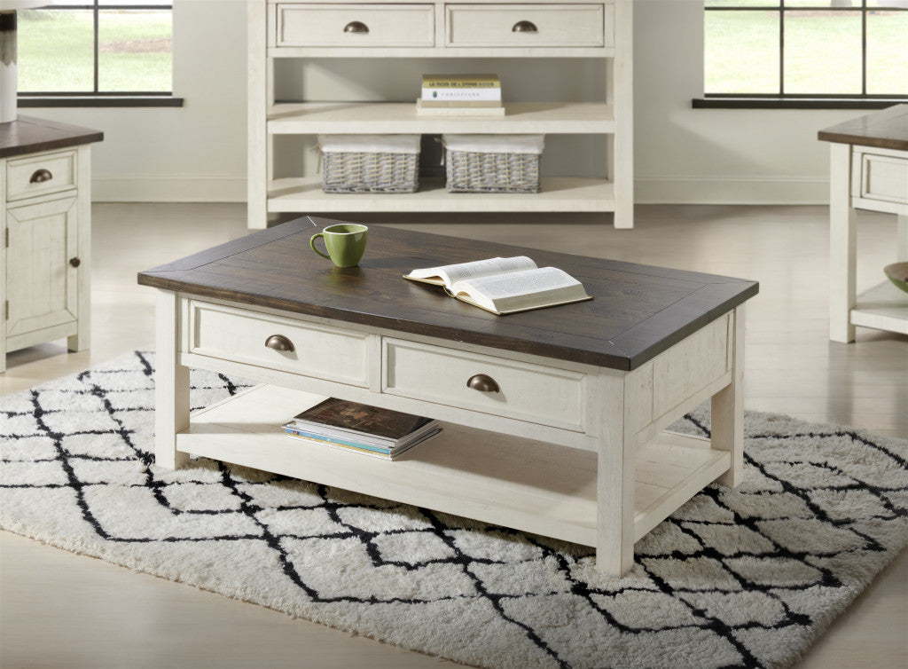 50" Cream And Brown Wood Distressed Coffee Table With Storage