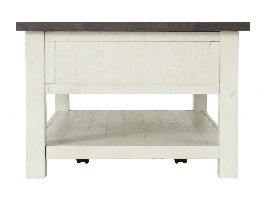 50" Cream And Brown Wood Distressed Coffee Table With Storage