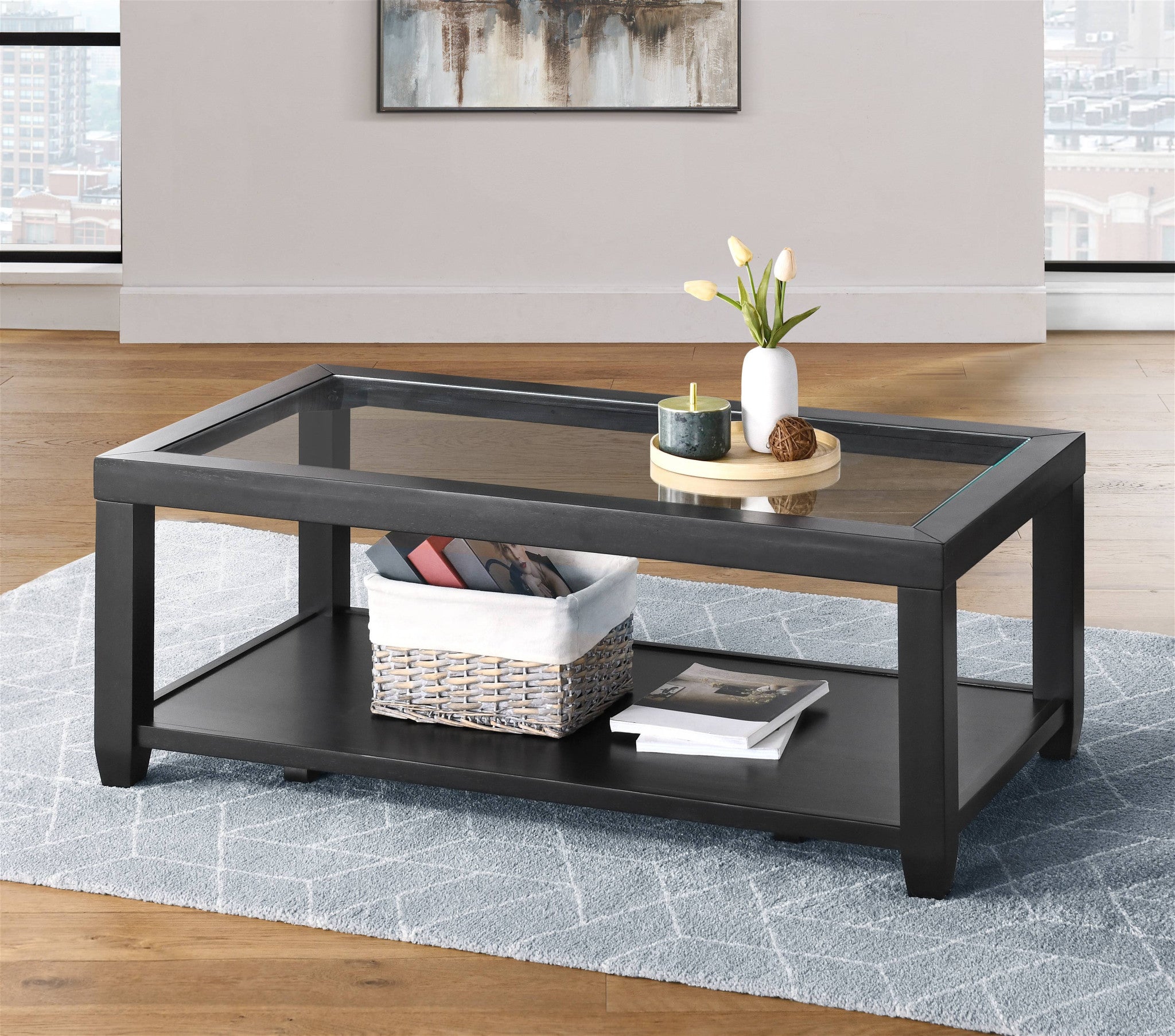 48" Black Glass Rectangular Coffee Table With Shelf