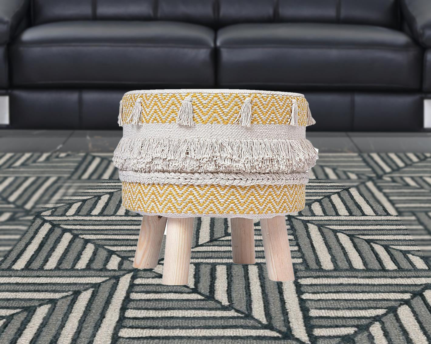 16" Yellow And Ivory Cotton And Natural Round Chevron Ottoman