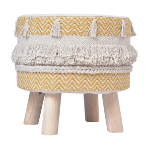16" Yellow And Ivory Cotton And Natural Round Chevron Ottoman