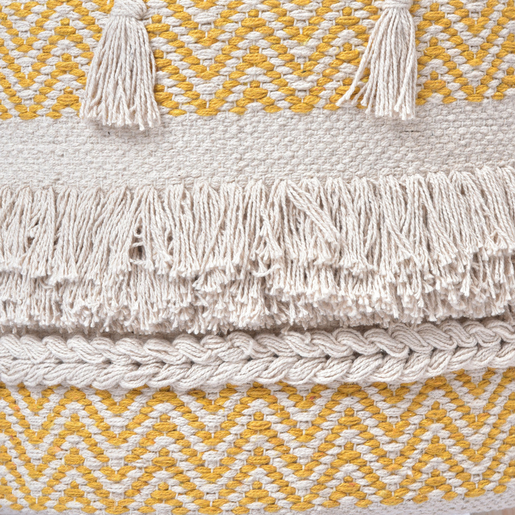 16" Yellow And Ivory Cotton And Natural Round Chevron Ottoman