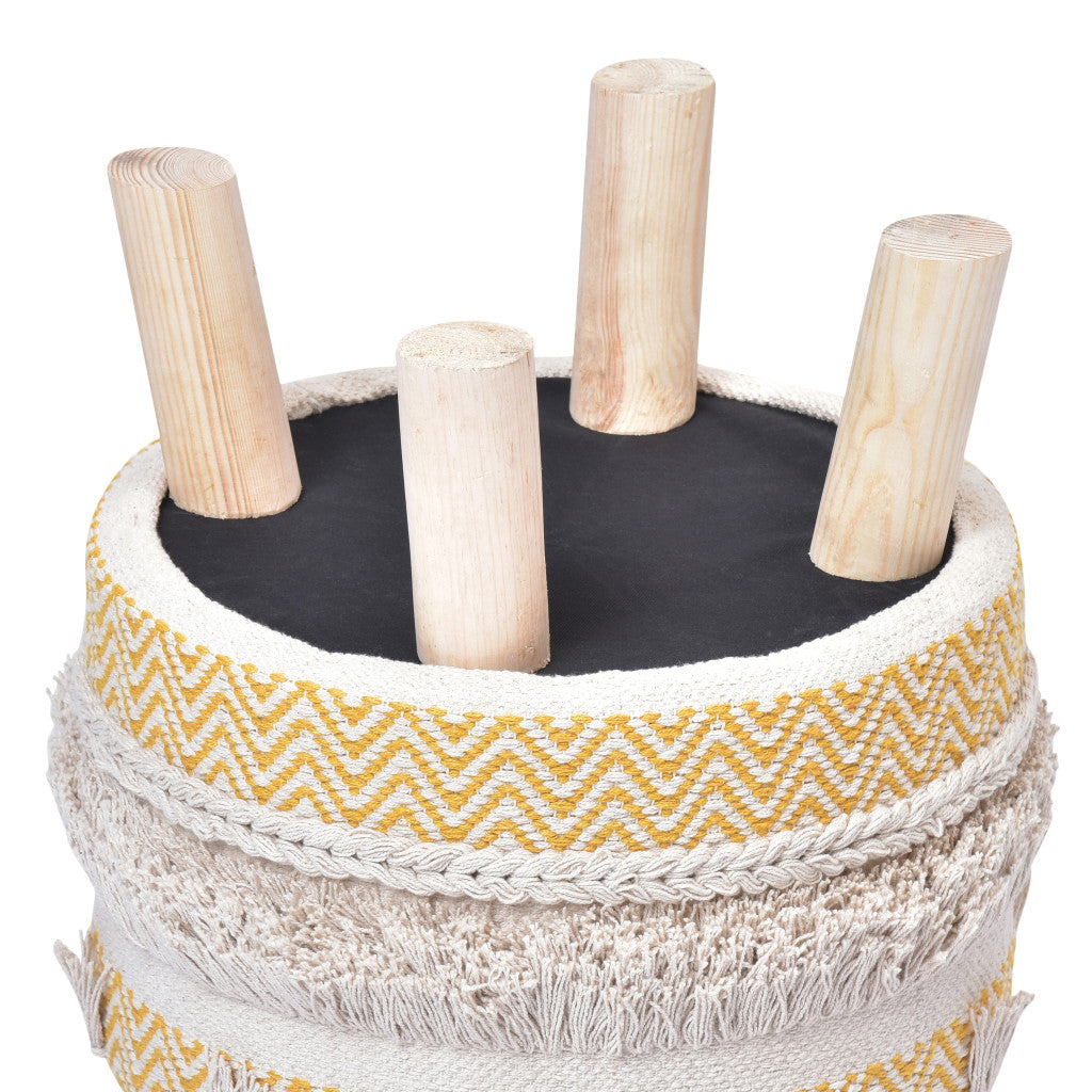 16" Yellow And Ivory Cotton And Natural Round Chevron Ottoman