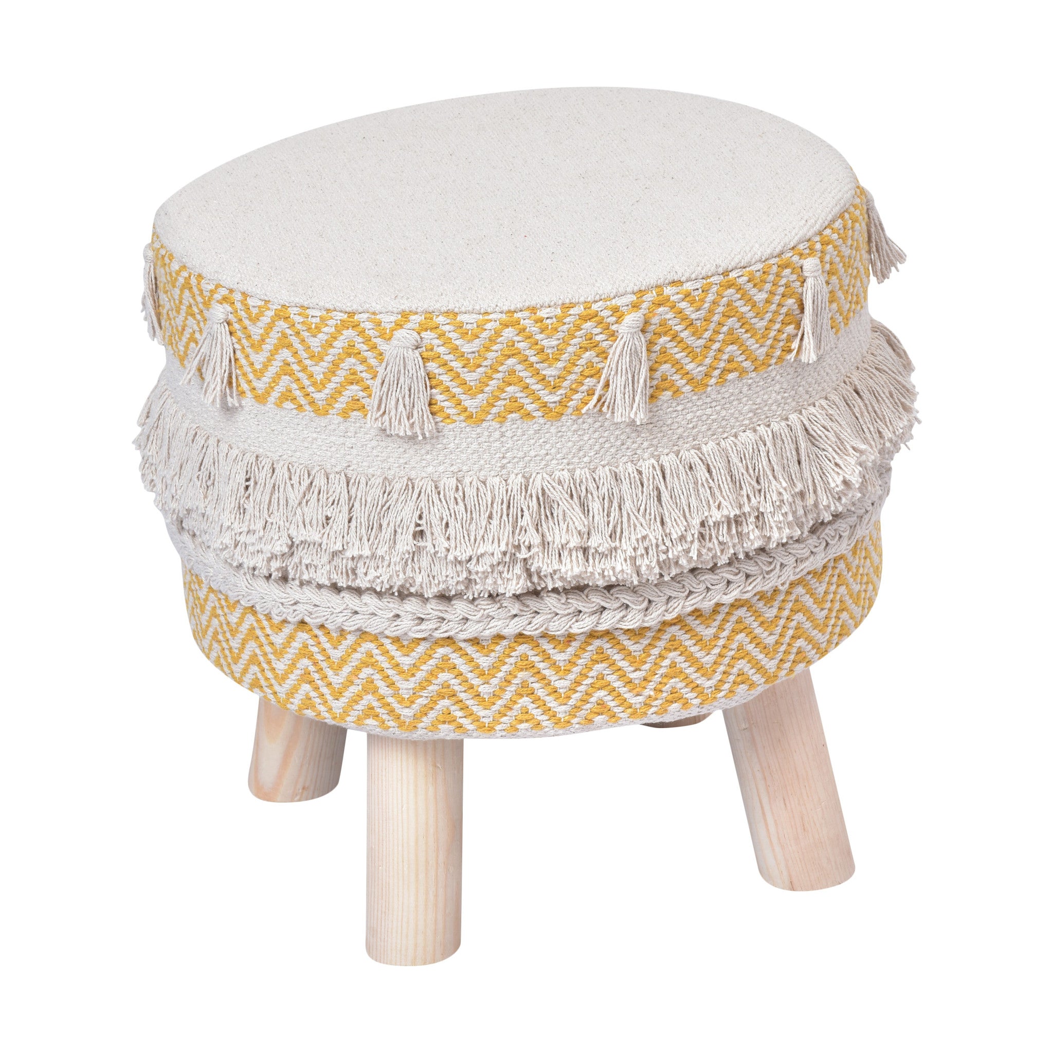 16" Yellow And Ivory Cotton And Natural Round Chevron Ottoman