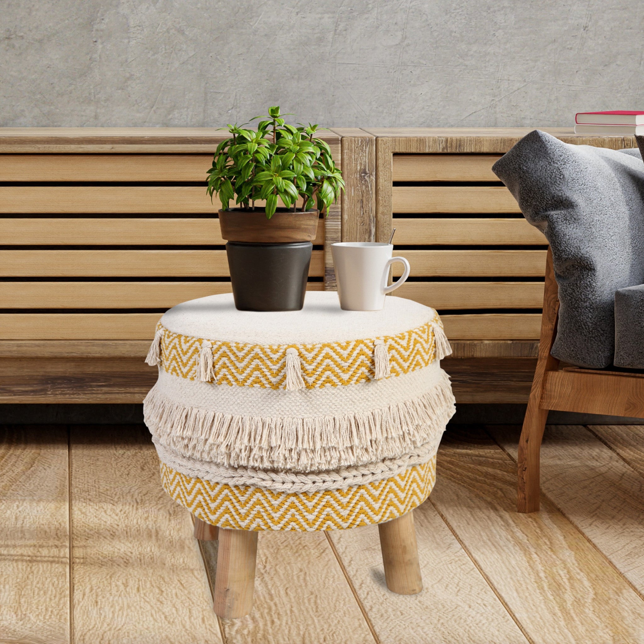 16" Yellow And Ivory Cotton And Natural Round Chevron Ottoman